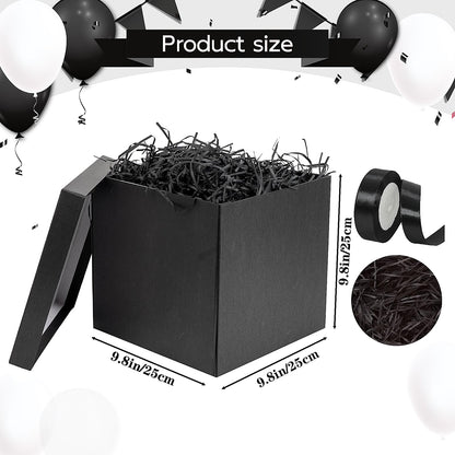 Jaywayang 10" Large Gift Box with Lid and Ribbon, Black Gift Box with Paper Filler for Birthday, Wedding, Valentine's Day, Father's Day, Anniversarry Presents Wrapping.