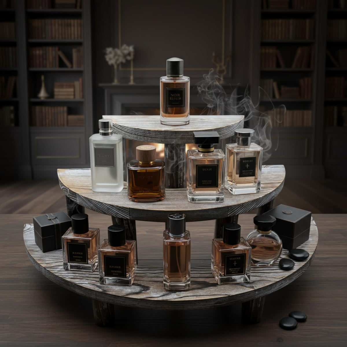 Samrira Cologne Organizer for Men Display Risers - 3 Tier Wooden Perfume Stand Shelf Cupcake Holder Half Moon Tiered Dessert Stand 17" x 7.8" x 7"