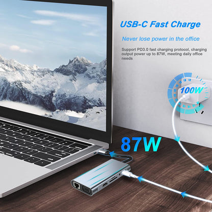 USB C HUB, Docking Station, 11-in-1 USB C Adapter with 4K-HDMI, VGA, USB 3.0 port, Type C PD, RJ45 Ethernet, SD/TF Card Reader, 3.5mm AUX, Compatible with MacBook Pro/Air, More Type C Devices