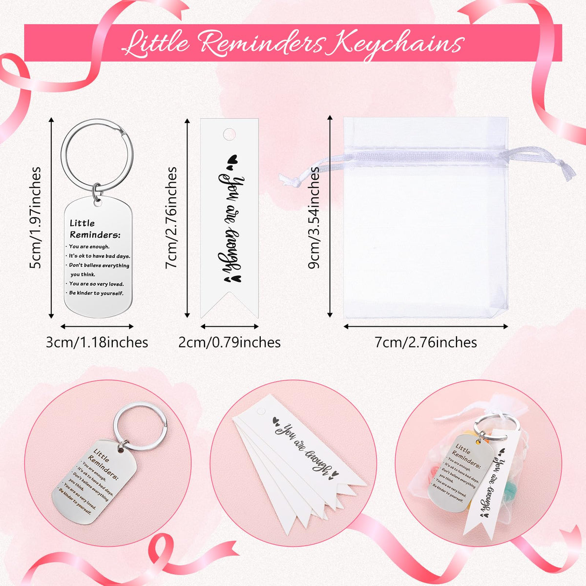 Sureio 6 Set Little Reminder Keychain Mental Health Gift You Are Enough Key Inspiration Uplifting Quotes Organza Bag and Card(White)