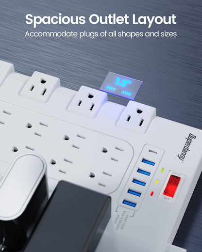 Power Strip, SUPERDANNY Surge Protector with 22 AC Outlets and 6 USB Charging Ports, 1875W/15A, 2100 Joules, 6.5Ft Flat Plug Heavy Duty Extension Cord for Home, Office, Dorm, Gaming Room, Black