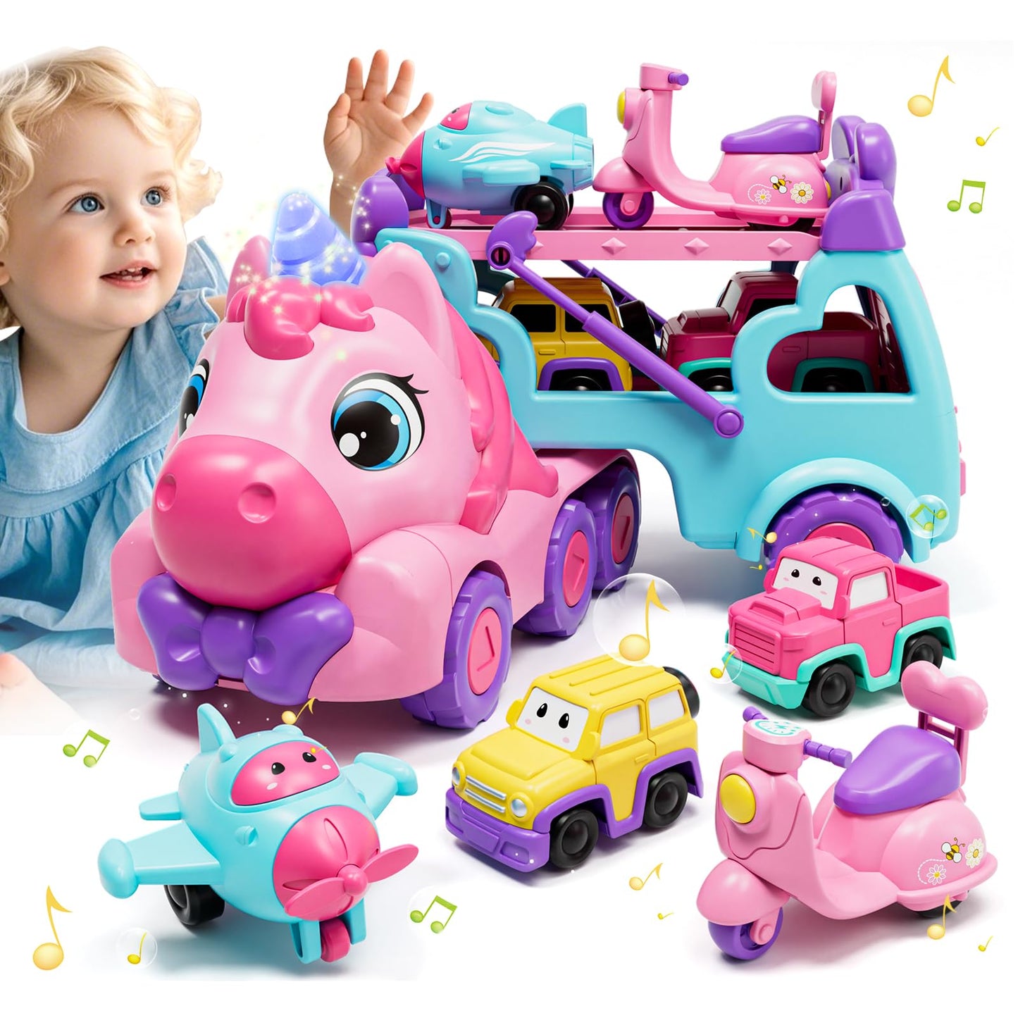 Lehoo Castle Toddler Toys for 1 2 3 Year Old Girls, Unicorn Gifts for Girls, 2 Year Old Cars Toys for kids, Birthday Gifts Carrier Truck with Light & Music