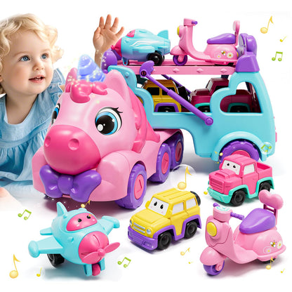 Lehoo Castle Toddler Toys for 1 2 3 Year Old Girls, Unicorn Gifts for Girls, 2 Year Old Cars Toys for kids, Birthday Gifts Carrier Truck with Light & Music