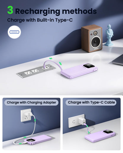 Portable Charger with Built-in Cables,22.5W Super Fast Charging Power Bank Slim Phone Charger,10000mAh Travel Battery Pack Battery Bank with Smart LED Display for iPhone, Android & USB-C Devices
