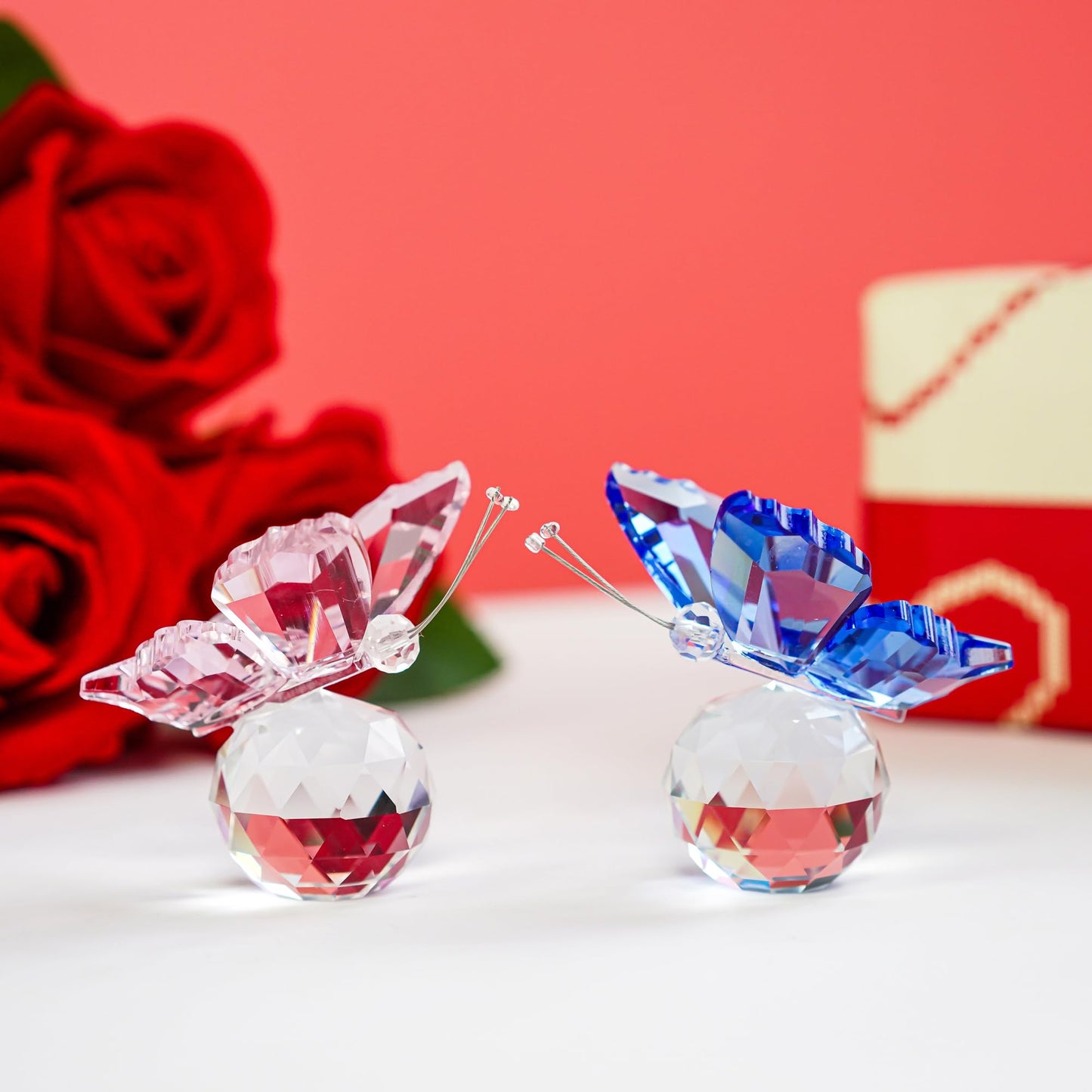 H&D HYALINE & DORA Crystal Butterfly Figurine Ornament with Ball Base, Glass Butterfly Animal Statue Table Decor Paperweight Gift, 2pcs