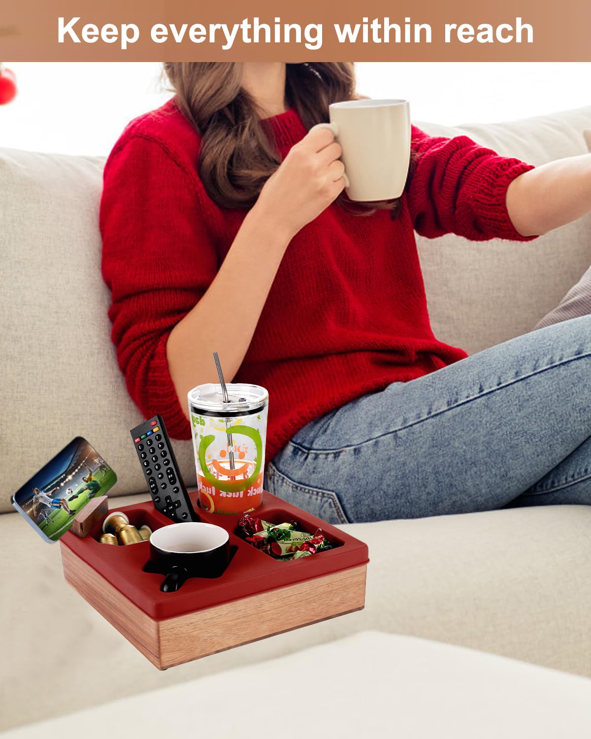 Couch Cup Holder Tray, Silicone Wooden Couch Caddy with Cup Holder for Snacks, Drinks, Remotes, Waterproof Cup Holder for Couch, Organizer, Couch Drink Holder, (red)