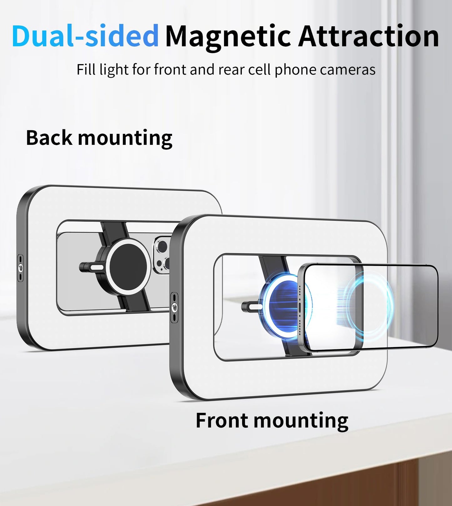 Double-Sided Magnetic Phone Ring Flash with Mini Tripod Stand,448 LED 6000mAh Rechargeable RGB Selfie Light for iPhone,Handheld Stabilizer with Light for Magsafe/Phones/Video Recording/Makeup/Photos
