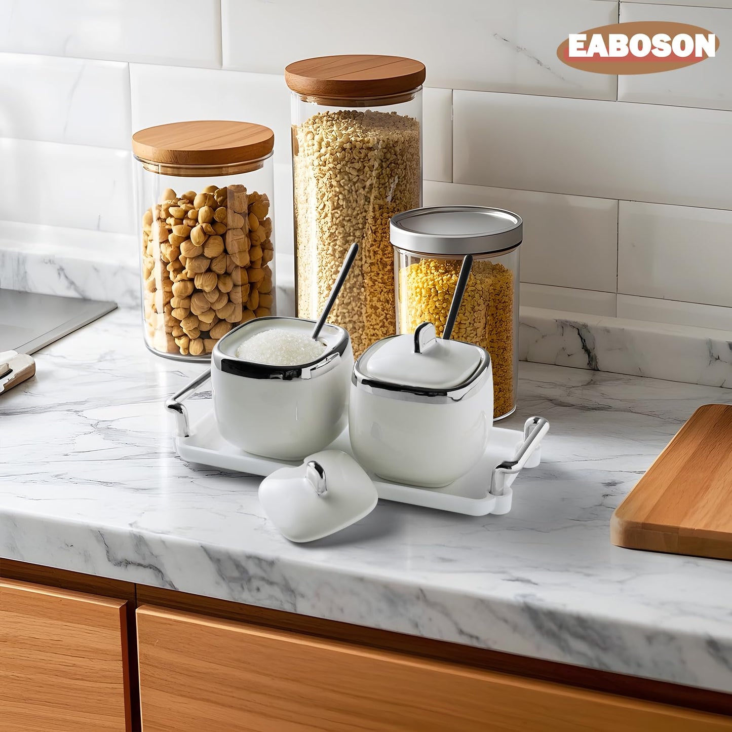 EABOSON Ceramic Sugar Bowl 2 Pack, Porcelain Seasoning Jar with Tray, Spoon and Lid for Sugar, Pepper, Coffee, Spice, Salt (silver)