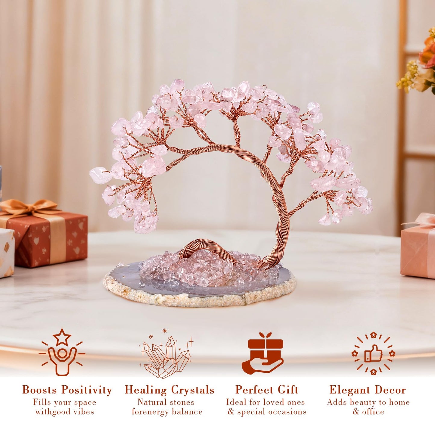 Rose Quartz Crystal Tree with Agate Slice Base - Handmade Feng Shui Money Tree for Love & Abundance, Mini Pink Desk Bonsai, Heart Chakra Healing Decor & Gift