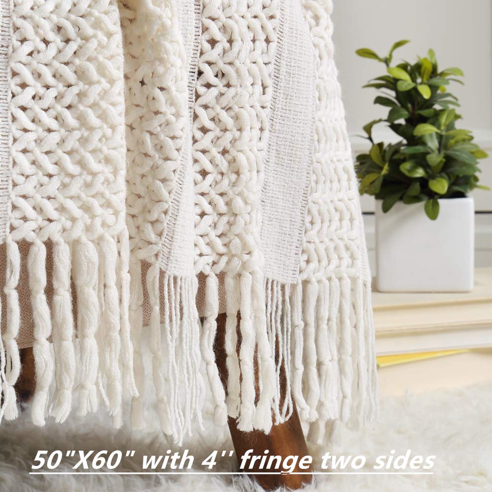 CREVENT Farmhouse Knit Throw Blanket for Couch Sofa Chair Bed Home Decoration, Soft Warm Cozy Light Weight (50''X60'' Cream/White)