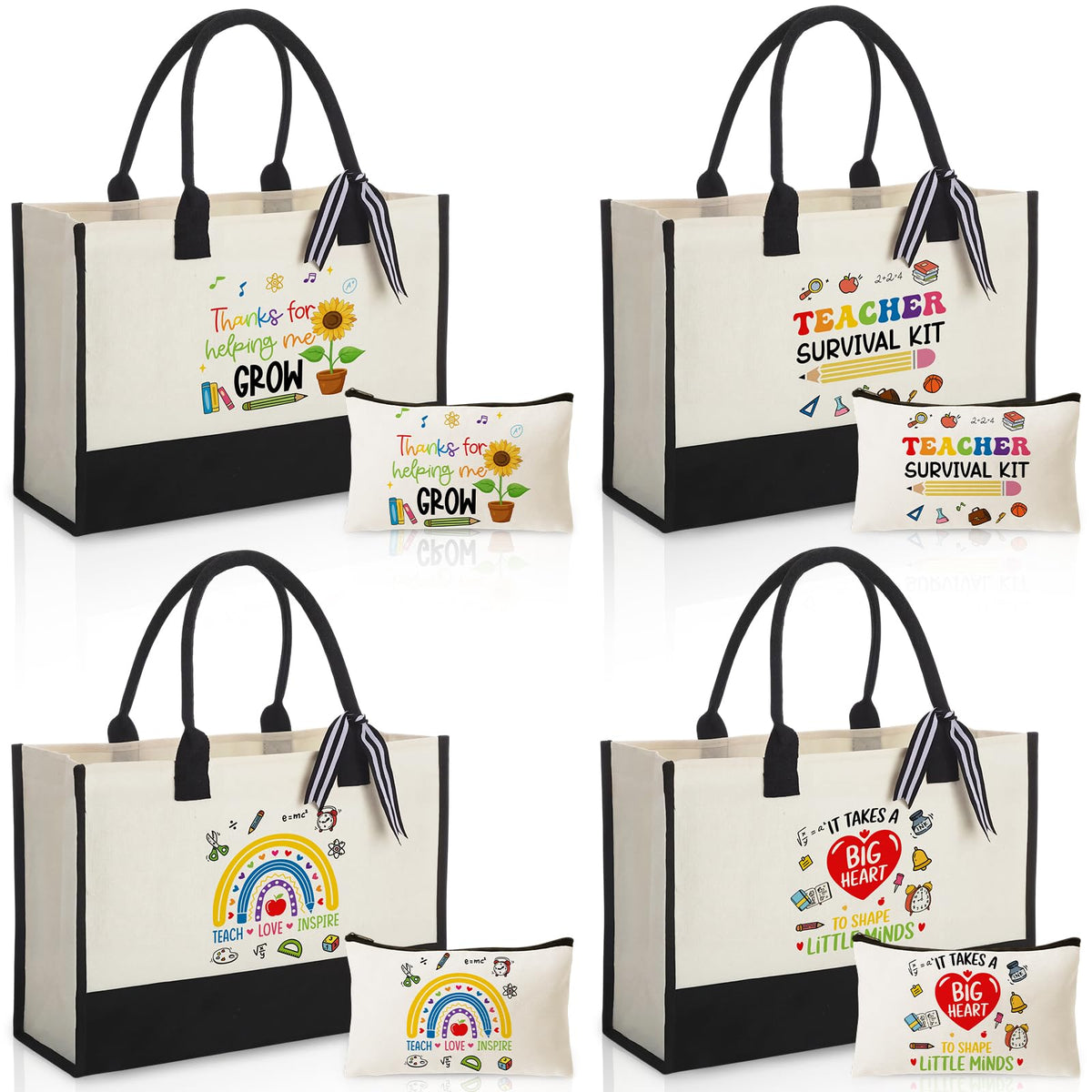 Capoda Teacher Appreciation Gifts for Women Bulk - 4 Set Large Canvas Teachers' Tote Bags with Makeup Bags Pouch Rainbow Inspirational Quotes, Thank You End of Year Daycare Teacher Staff Gifts Set