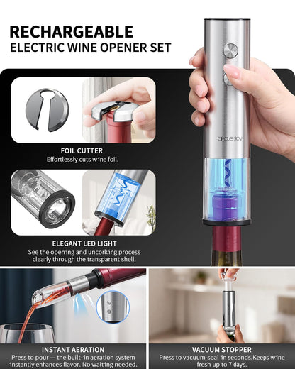 CIRCLE JOY Electric Wine Bottle Opener Set Stainless Steel Rechargeable Wine Opener 8-in-1 Wine Gift Set with Charging base, Foil Cutter, Wine Aerator Pourer, Vacuum Pump & 2 Wine Stoppers, Silver