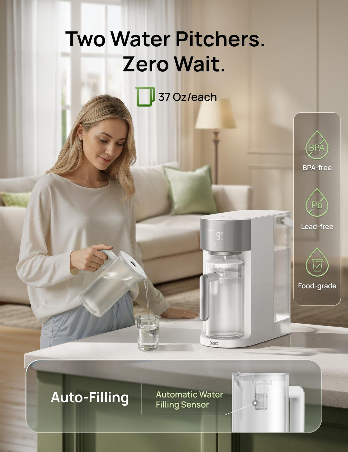 DREO Reverse Osmosis Water Filter Countertop, RO Filtration System, 3:1 Pure to Drain, TDS & Filter Life & 2 Autofill Pitchers, Self-Cleaning Water Purifier, RO Water Filter