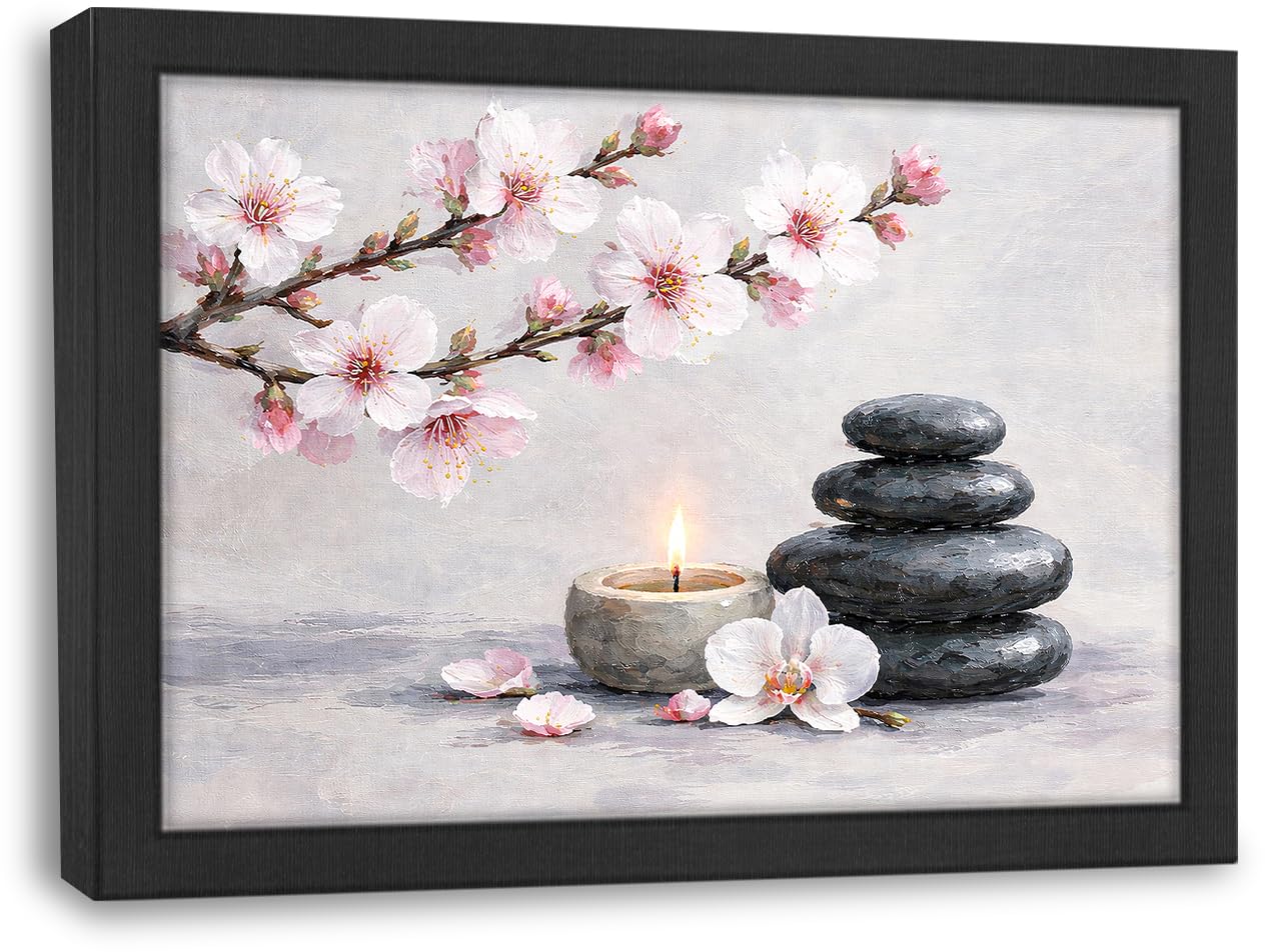 Framed Zen Stones Wall Art Yoga Meditation Picture Wall Decor Zen Minimalist Canvas Print Painting Neutral Calming Artwork Gifts for Bathroom Spa Room Bedroom Home Decoration 12"x16"