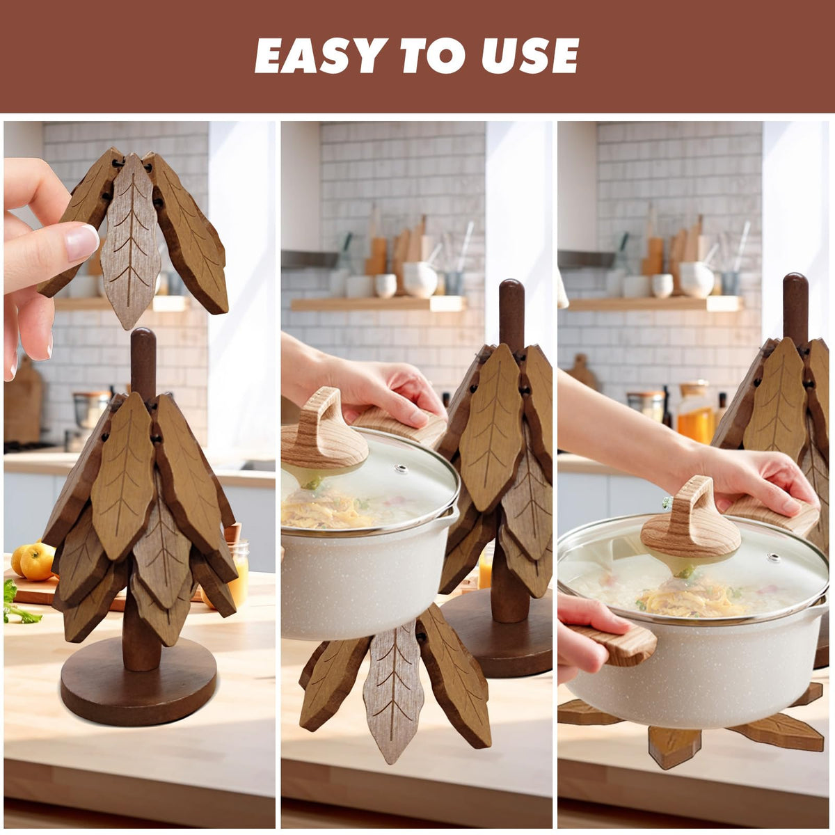 Wooden Heat Insulation Pad— 4-Piece Tree-Shaped Pot Holder Set Suitable for Pots, Plates, and Cups Features Pine Tree Decor for Storage Eco-Friendly and Easy-to-Clean Kitchen Accessories