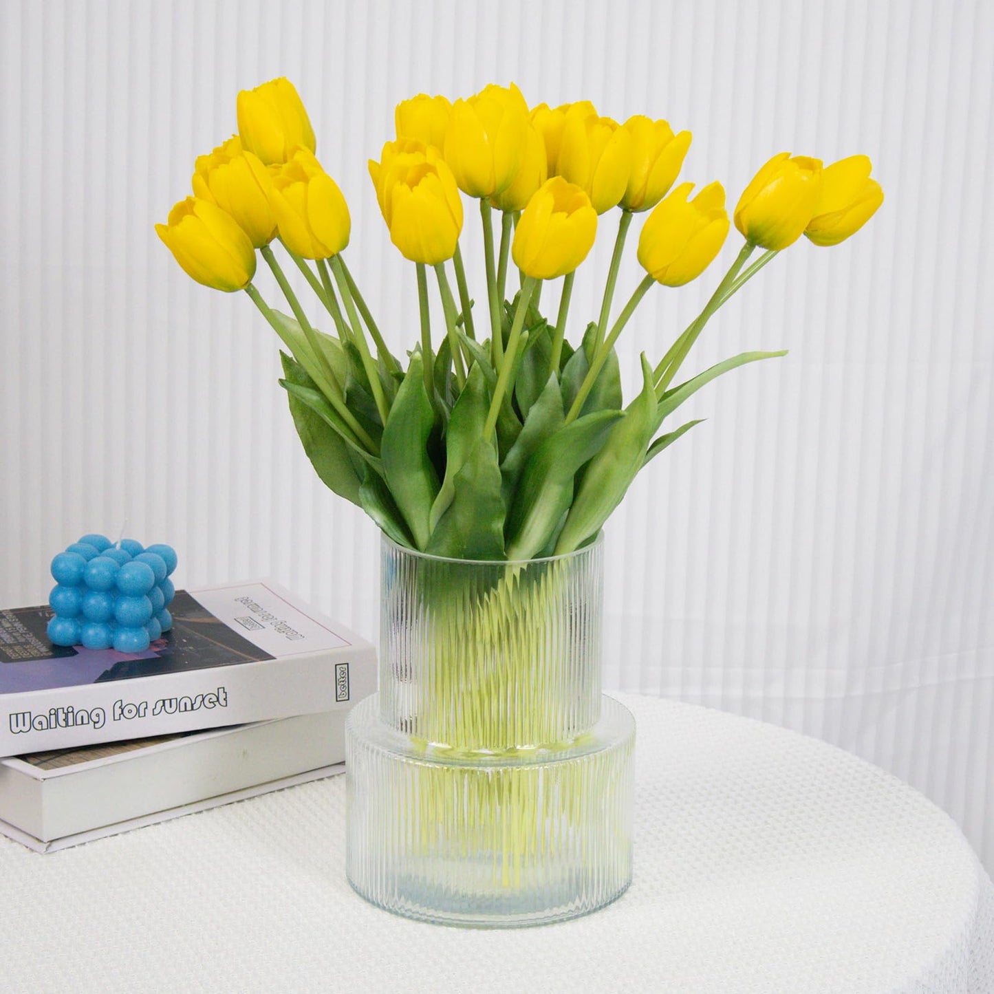 20 Pcs Real Touch Artificial Tulips with Vase, Large Faux Flower Arrangement in Heavy Fluted Glass, Bouquet for Dining Table Centerpiece, Home Office, Spring Decor, Set with Dust Bag (Yellow)