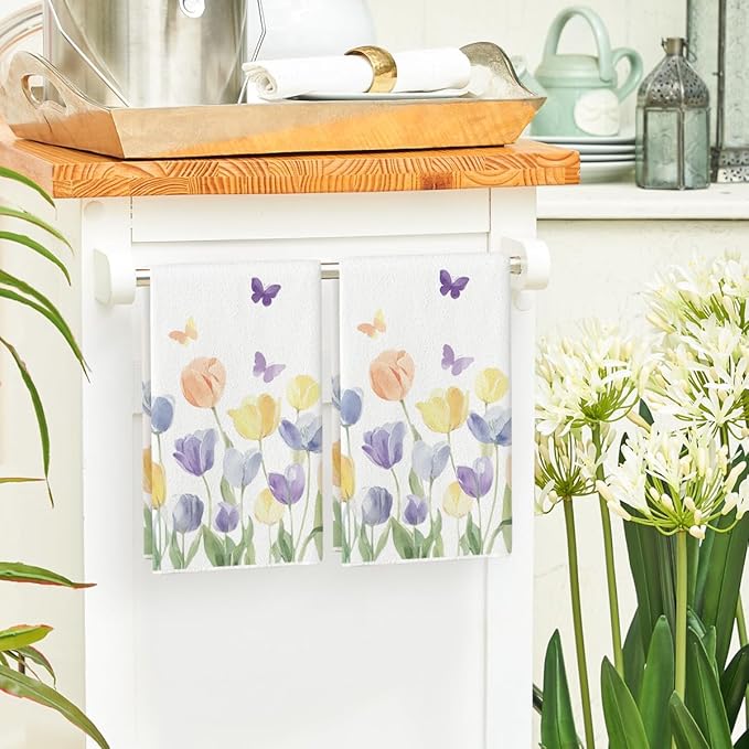 Artoid Mode Tulip Butterfly Floral Spring Kitchen Towels Dish Towels, 18x26