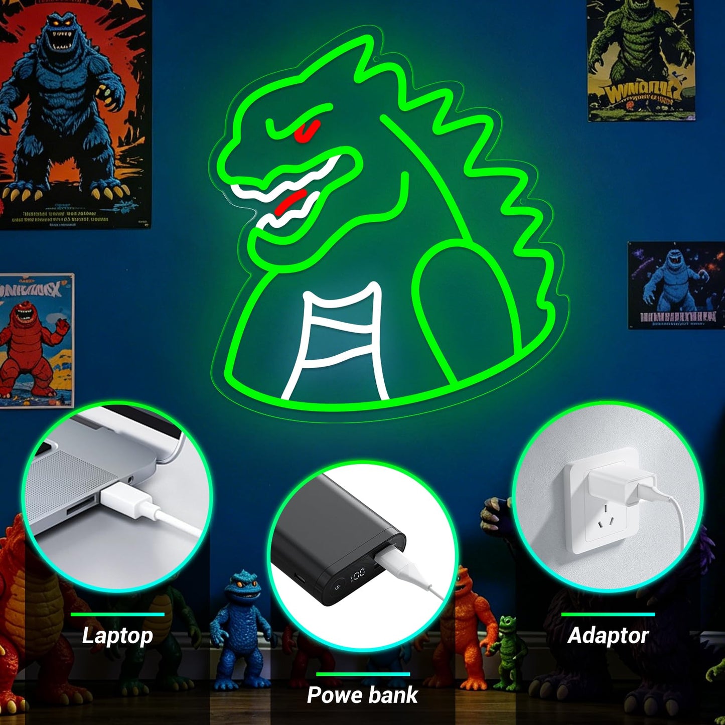 Monster Neon Sign Lights for Wall Decor, Dinosaur LED Sign for Room and Man Cave Decor, Dimmable Powered LED Signs for Boys Bedroom, Party, Birthday, Christmas Gift