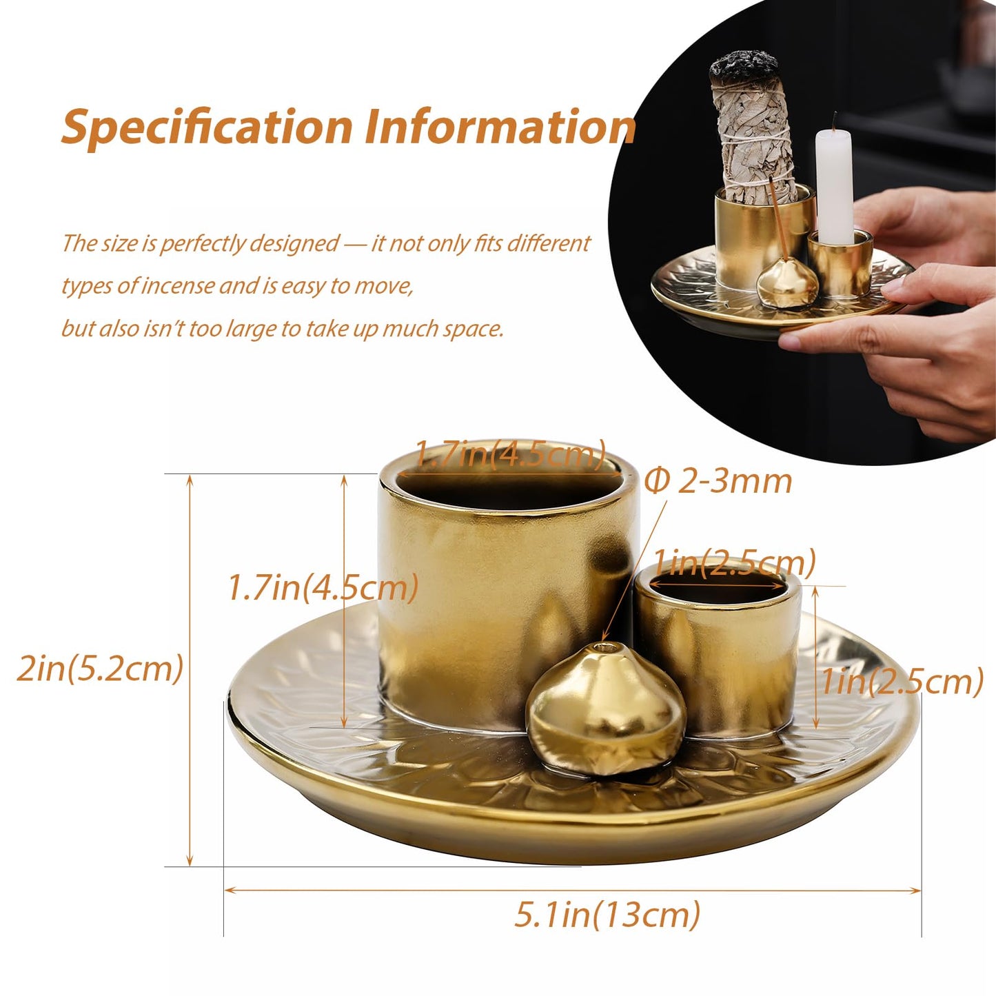 4 in 1 Incense Burner Holder with Ash Catcher, Gold-Plated Ceramic Tray for Burning Incense Sticks, White Sage, Palo Santo, Candle