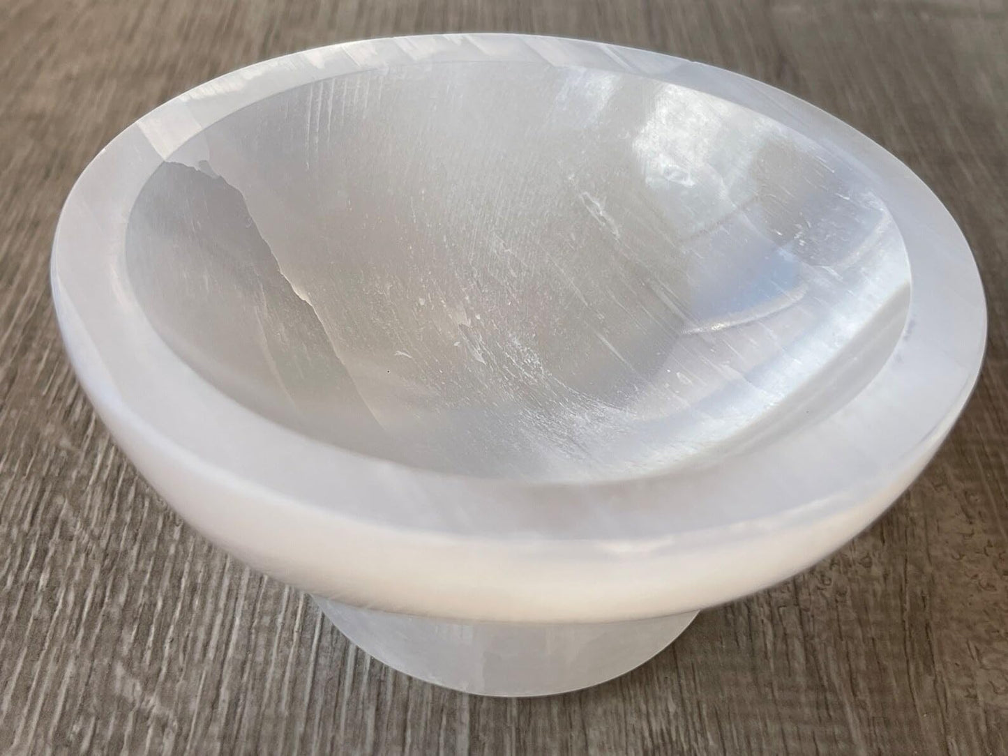 GAF TREASURES Gemstone Carved - 4" Diameter Selenite Crystal Polished Charging Bowl With Pedestal, Selenite Bowl On Stand