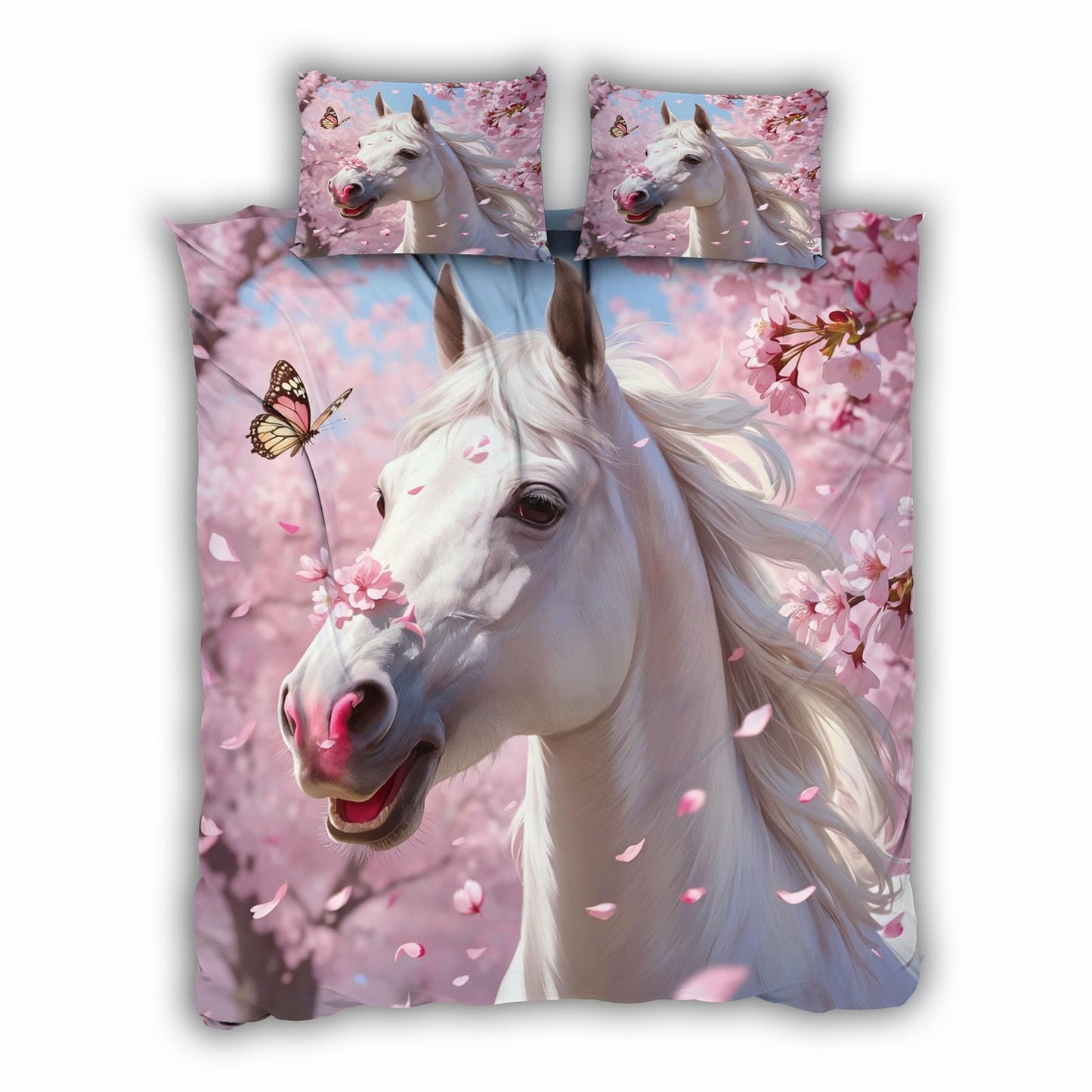 3D Horse Duvet Cover King Size 104x90in Soft Breathable Microfiber Cherry Blossoms Bedding Set Zipper Closure Reversible Comforter Cover 3 Pieces with 2 Pillow Shams (WJT 23-4)