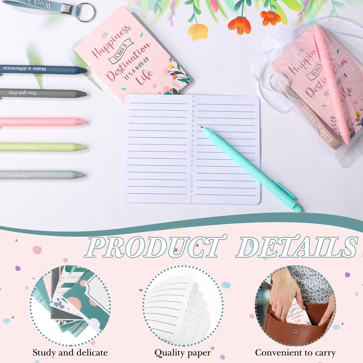 Pajean 128 Pcs Inspirational Gifts Bulk Motivational Notebooks Journal Ballpoint Pens Positive Keychains Organza Bags for Students Teachers Employee School Office Prizes Favors Supplies(Simple)
