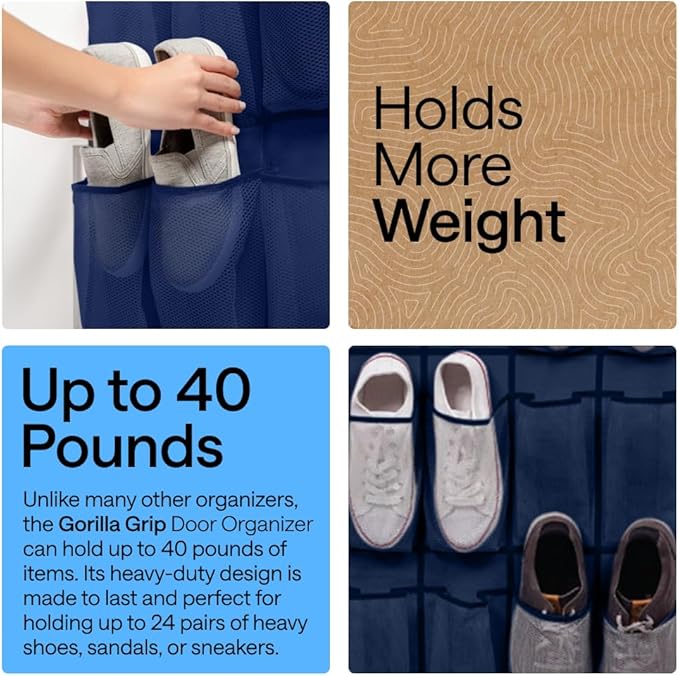 GORILLA GRIP Over the Door Shoe Organizer, 24 Large Breathable Mesh Pockets