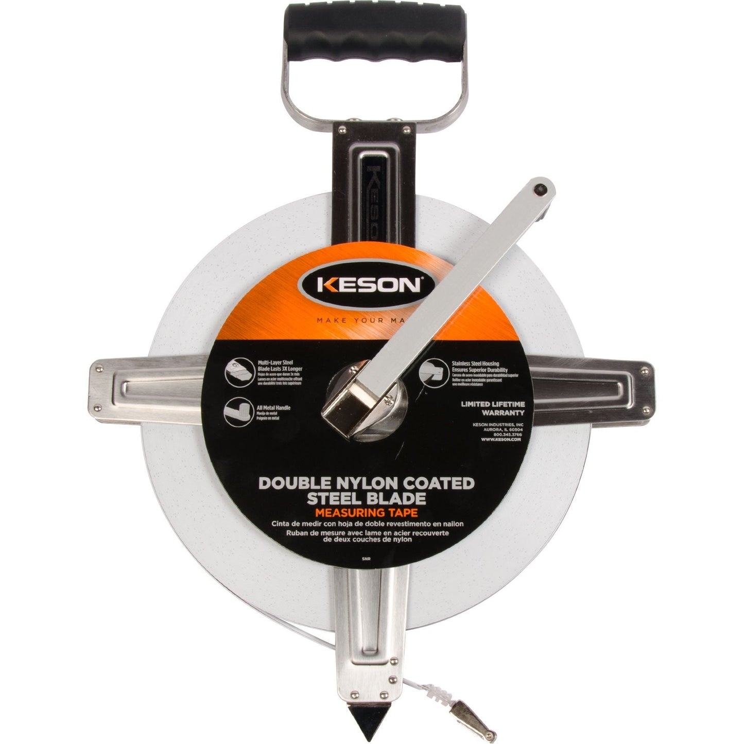 Keson SNR10200 Nylon-Reinforced Steel Blade Tape Measure with Stainless Steel Housing, Zero Point at Tape End + 1-Foot and Ring End (Graduations: ft., 1/10, 1/00), 200-Foot