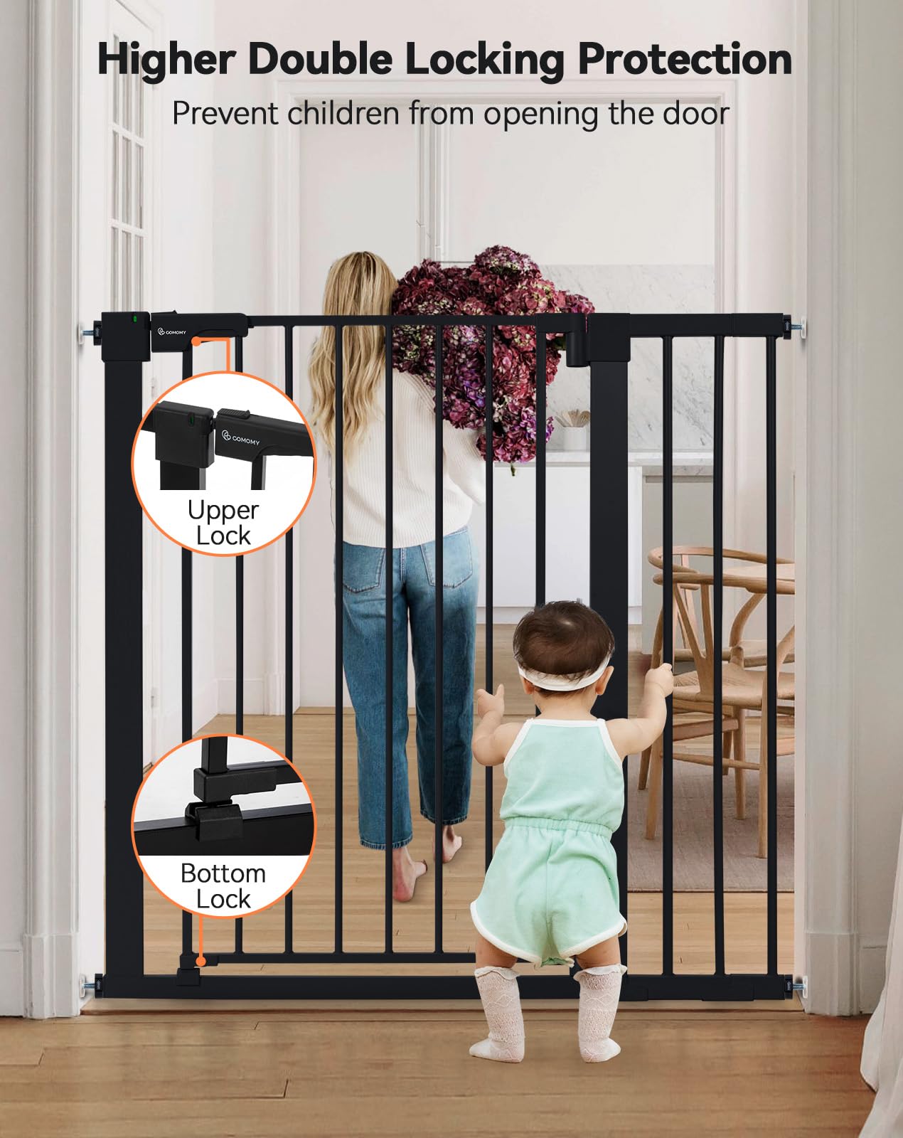 COMOMY 91.5cm Extra Tall Baby Gate for Stairs Doorways, Fits Openings 75-103cm Wide, Auto Close Sturdy Safety Dog Gate for House, Pressure Fit Easy Walk Through Pet Gate with Door, Black