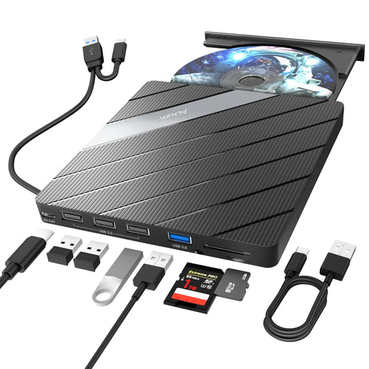 Alxum External CD Drive - Type-C USB 3.0 Portable DVD/CD RW ROM Burner Writer with SD/TF Slot & USB Ports CD 24X DVD 8X Super Fast Speed CD/DVD Reader for Laptop/Windows/Linux/Vista/Imac/Macbook
