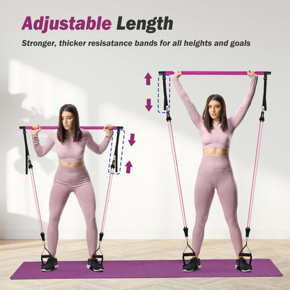 ALongSong Pilates Bar Set With 4 Latex Elastic Resistance Bands 30lb 40lb, Timer, 3 Section Pilates Bar Portable Home Workout Fitness For Yoga, Stretching, Sculpting, Twisting, Squat
