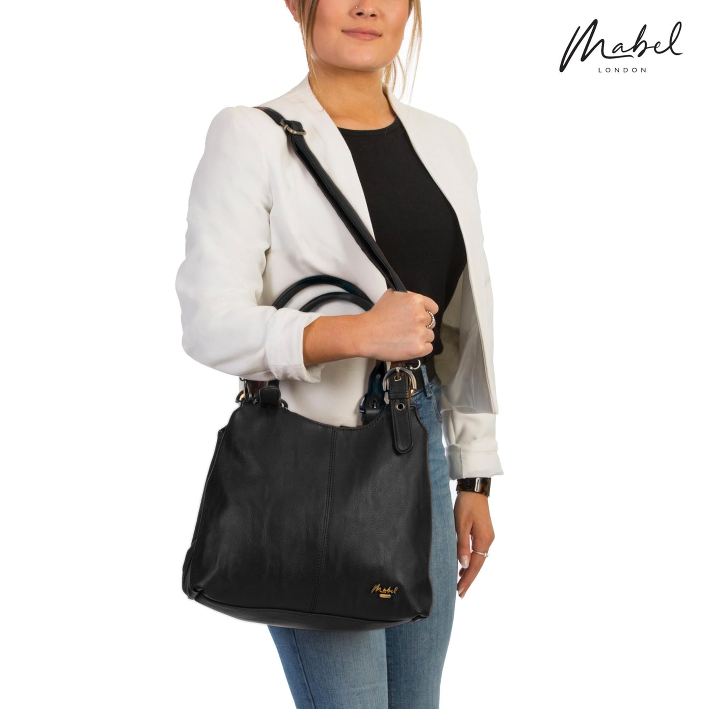 Mabel London Womens Multiple Compartments Handbag - Medium Size Bag with a Long Shoulder Strap - AMELIA (Black)