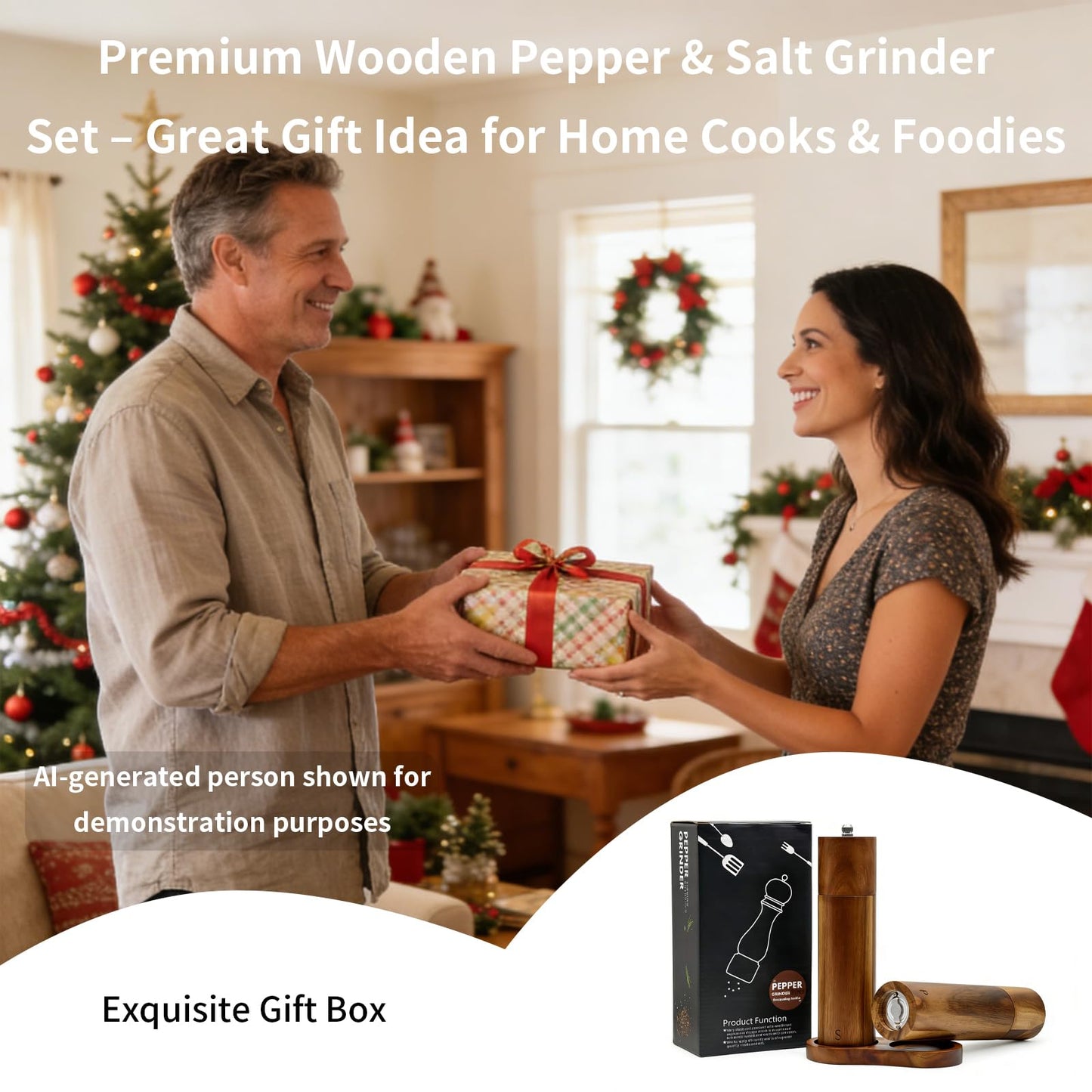 Amestar 8 Inch Acacia Wooden Salt and Pepper Grinder Set, Refillable Salt and Pepper Mills Adjustable Coarseness, Salt and Pepper Shakers Matching Wooden Tray, Spice Grinder for Kitchen
