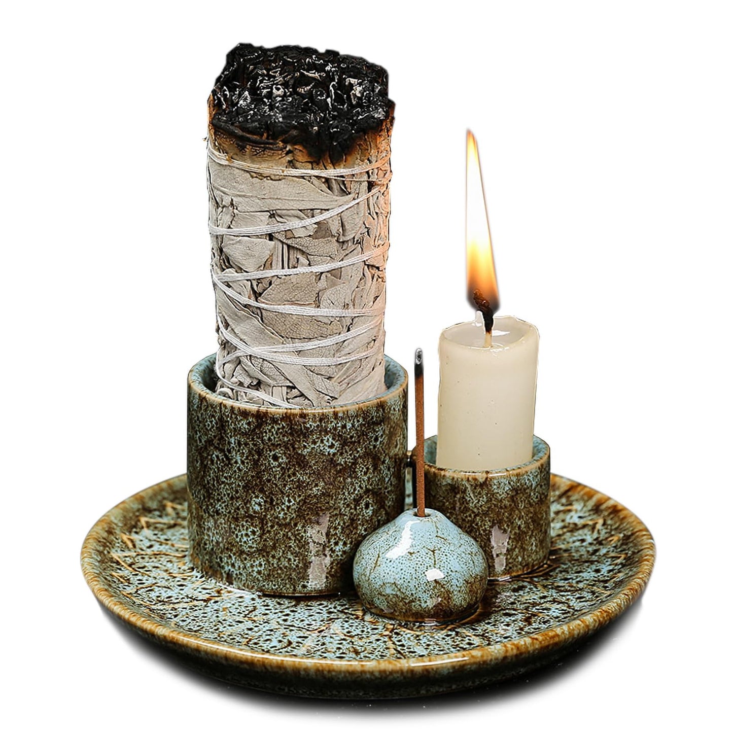 4 in 1 Multifunctional Ceramic Incense and Candle Holder with Ash Catcher Tray Suit for Burning White Sage, Palo Santo Sticks (Blue)