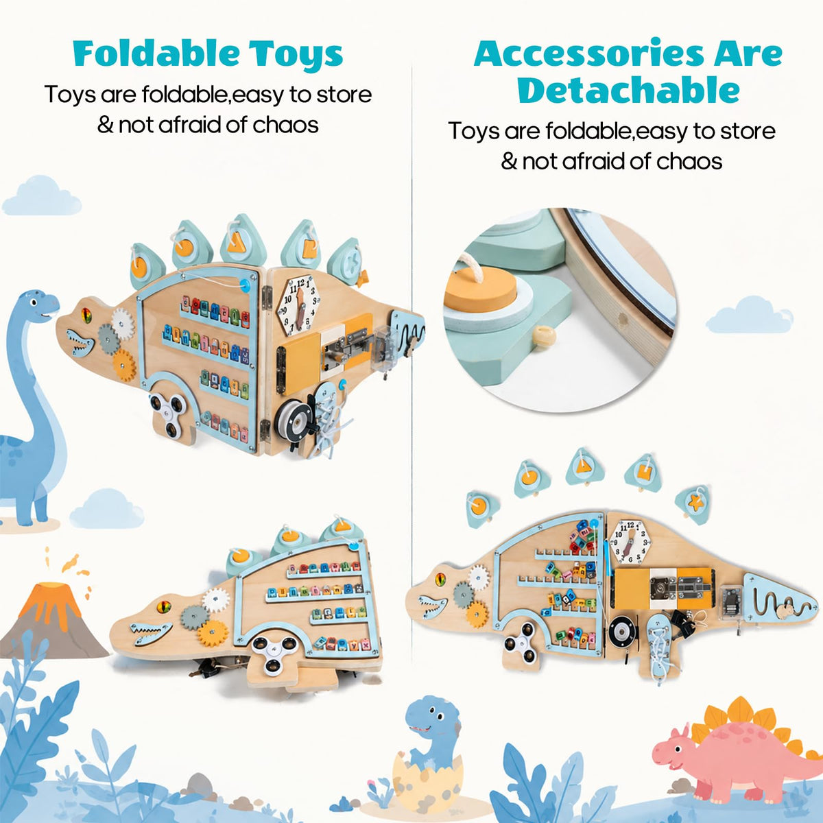 BROWNROOT Dinosaur Activity Wall Busy Board 11 in 1 Foldable Wooden Montessori Sensory Panel for Kids Wall Mounted Toddler Learning Activity Center for Playroom Daycare Nursery Classroom 3-6