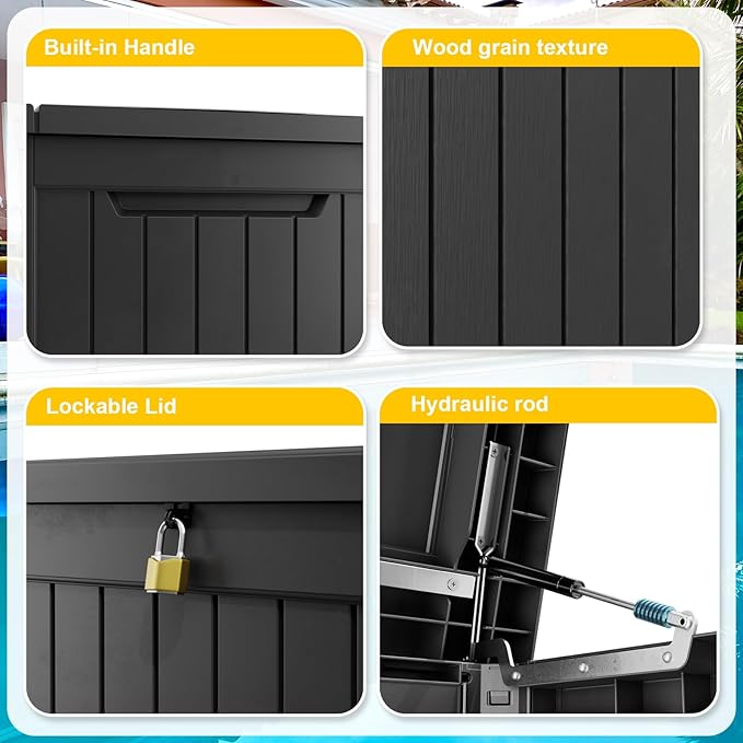 ROJIK Outdoor Storage Housing Deck Box,Waterproof Patio Furniture, Garden Tools,Cushions,Pool Accessories Storage Bench with Lockable Lid and Side Handles (Black,280 Gal)