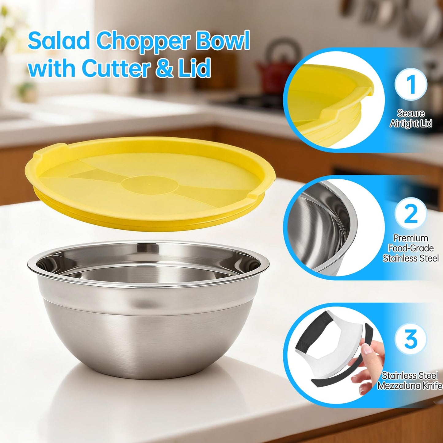 Fevbcnrj Salad Chopper Bowl and Cutter with Lid, Stainless Steel Chopping Bowl, Mezzaluna Mincing Knife with Protective Cover, Snap-Tight Storage Lid, for Super-Fast Salad Prep
