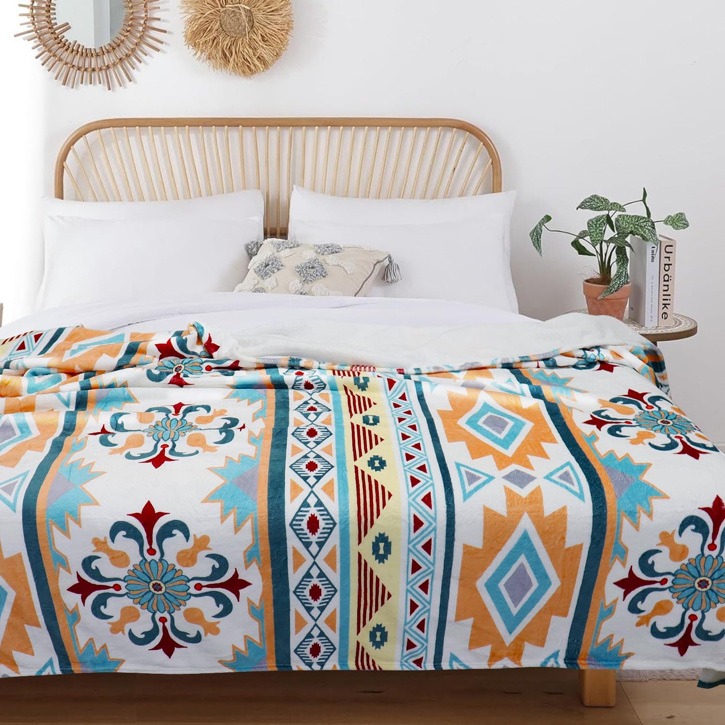 Boho Throw Blanket Bohemian Stripe Throw Ultra Soft Flannel Fleece Bed Blankets Cozy Fuzzy Plush Coach Cover Lightweight Vintage Geometrical Sectional Blanket for Sofa Bed 60" X 80"