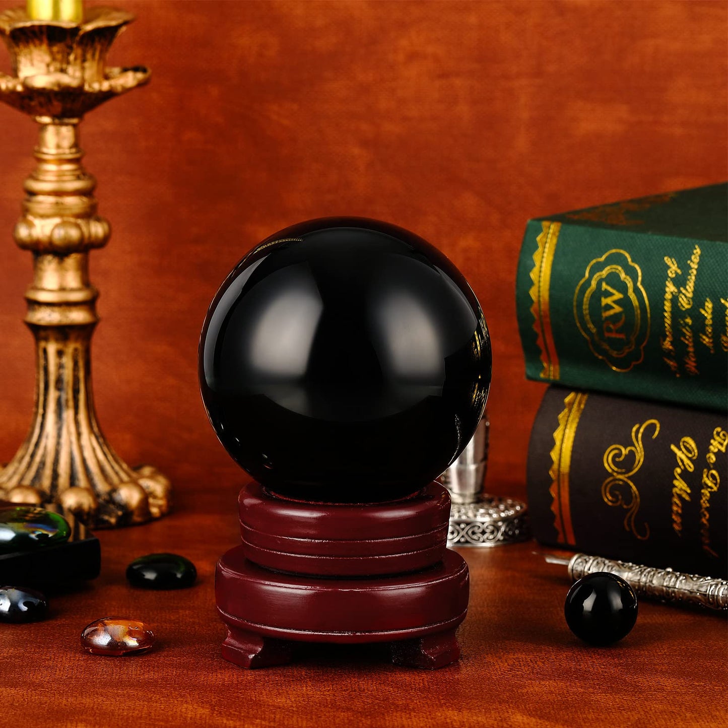 CHENGU 2 Pieces Obsidian Crystal Ball Set with Wooden Stand 80 mm and 20 mm Clear Crystal Ball Decorative Obsidian Sphere for Home Decorations Meditation Healing Witchcraft(Black)