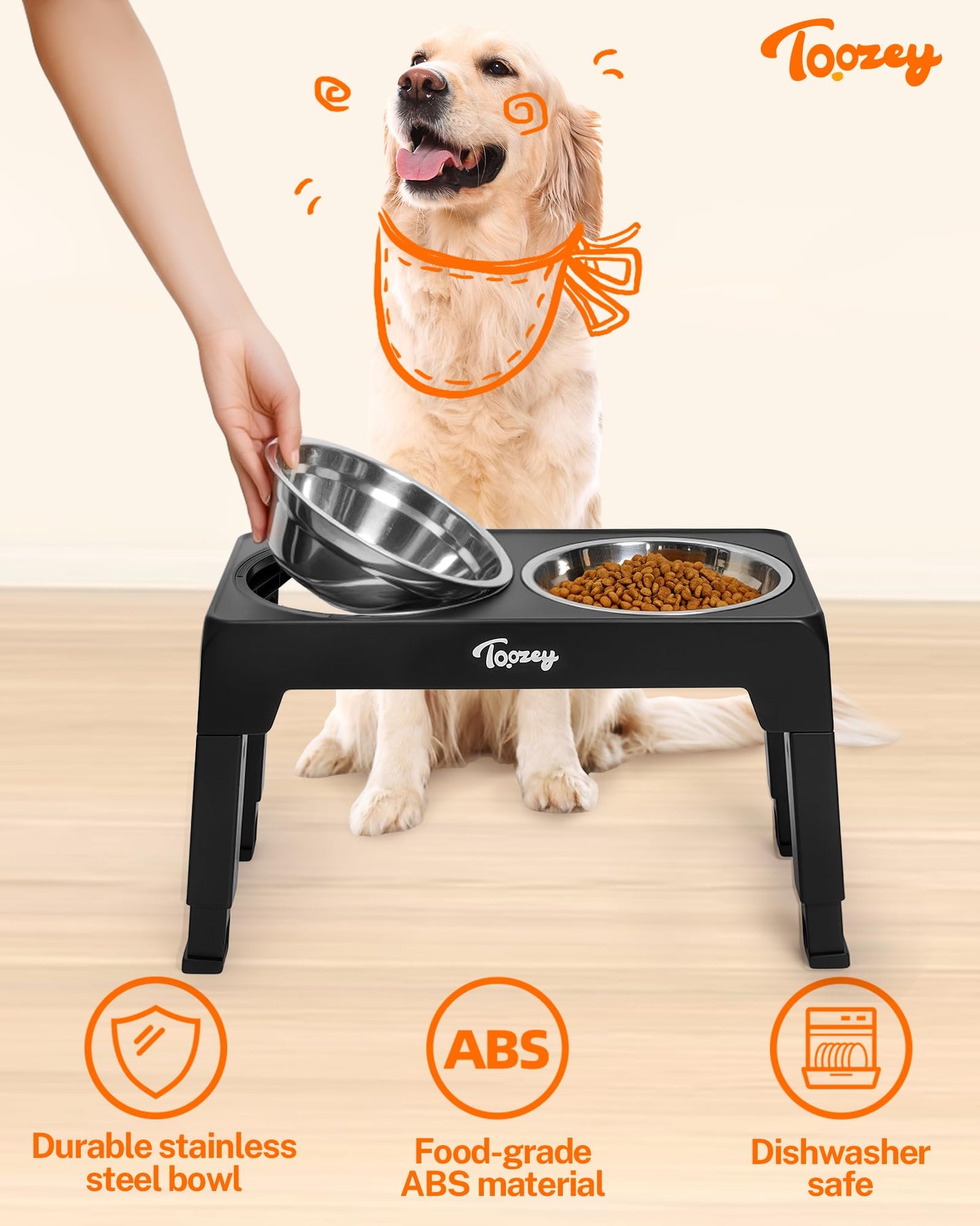 Toozey Raised Dog Bowl Height-Adjustable, Elevated Dog bowls with 2x 1200ml Stainless Steel Bowls, for Small Medium & Large Dogs, Non-Slip and No Spill, Black