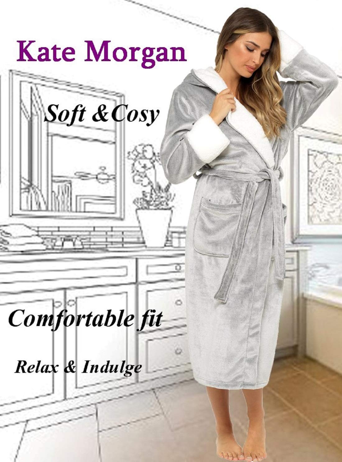 KATE MORGAN Ladies Dressing Gown Fluffy Super Soft Hooded Bathrobe for Women Plush Fleece Perfect Loungewear Long Robe | Gifts for Women 16-18 Grey Shimmer