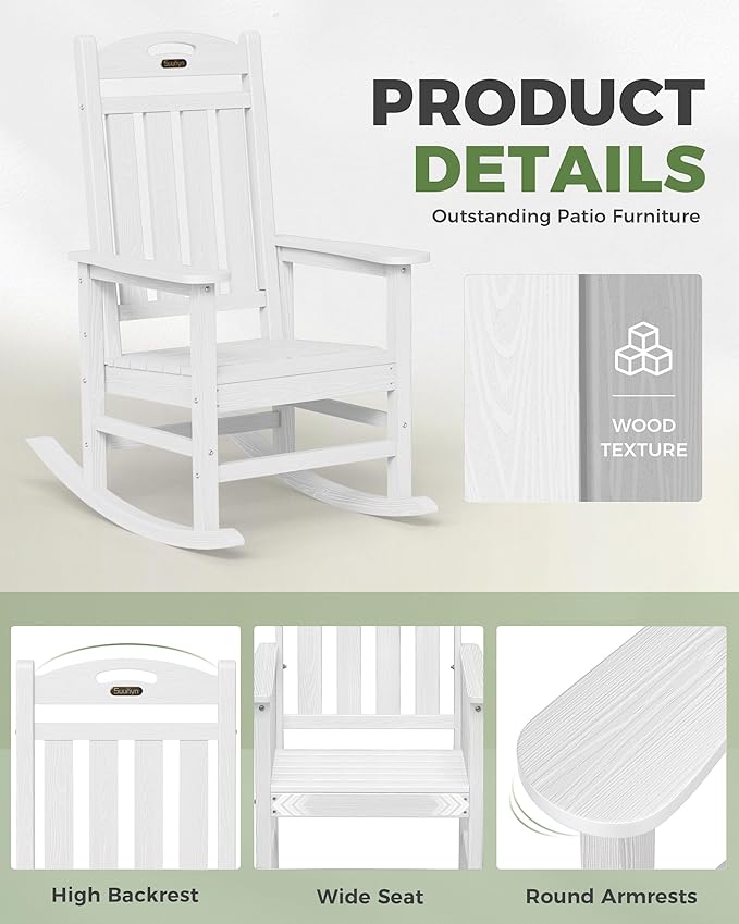 Oversized Rocking Chairs Outdoor Set of 2, High Back Porch Rocker Chair, HDPE All Weather Resistant Rocking Chairs for Patio, 380lbs Weight Capacity, White