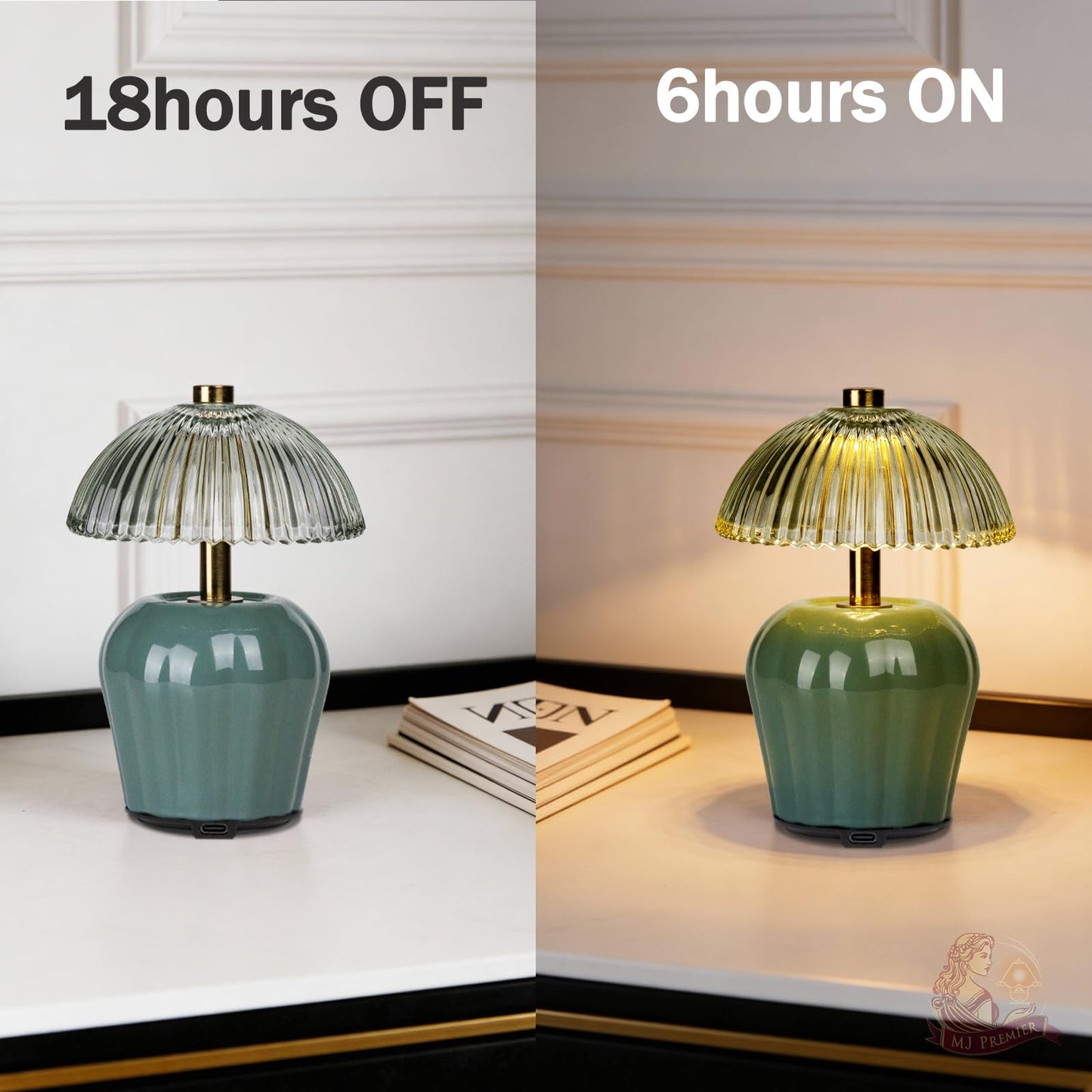 MJ PREMIER Rechargeable Table Lamp, Cordless Lamp with Timer, Mini Glass Mushroom Lampshade, Small Table Lamps, Decorative Led Light for Bedroom Living Room Shelf (Green)
