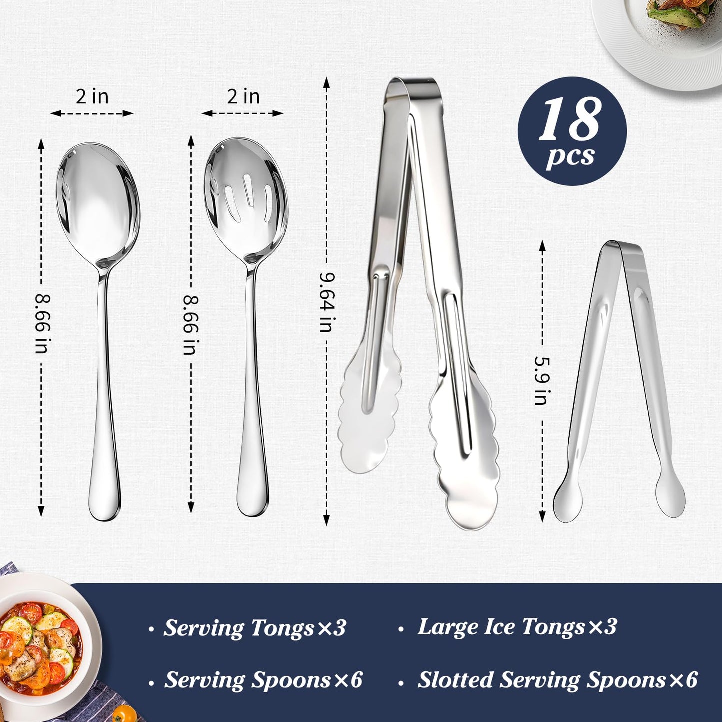 Mwellewm 18Pcs Serving Utensils, Serving Spoons for Buffet, Serving Tongs for Food, Slotted Spoons, Stainless Steel Banquet Cutlery Set for Parties Weeding Birthday Entertaining Catering(Silver)