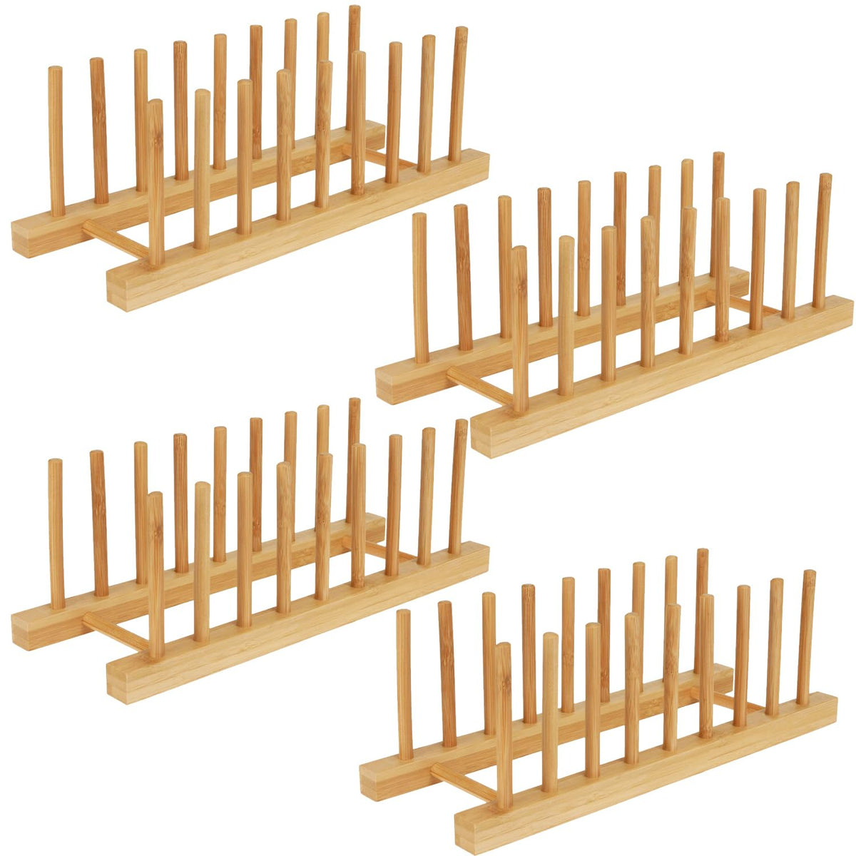 Yuixoseu 4 Pack Bamboo Wooden Dish Drying Rack, Plate Organizer for Cabinet, Plate Rack Pot Lid Holder for Dishs, Bowls, Cups, Cutting Boards and Books, Kitchen Cabinet Organizer