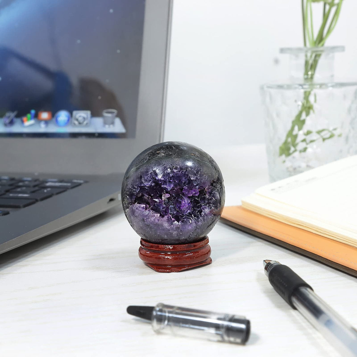 Rockcloud Natural Amethyst Druzy Geode Crystal Ball Healing Stone Sphere Ball for Home Decoration Meditation, 1.57-1.97 inches