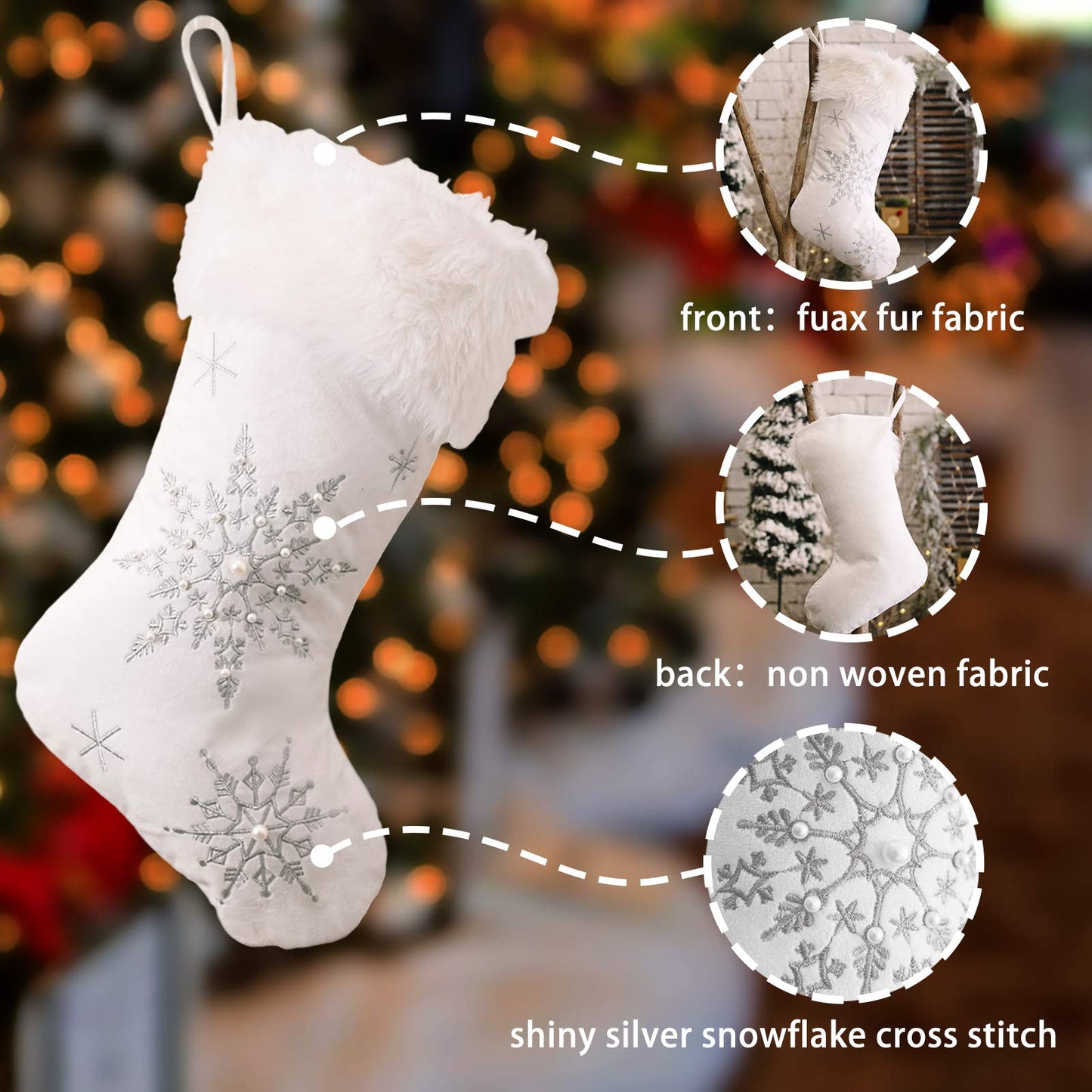 Ushinemi Christmas Stockings Large White Christmas Stocking with Silver Snowflake Cross Stitch, Fur, 2 Pack