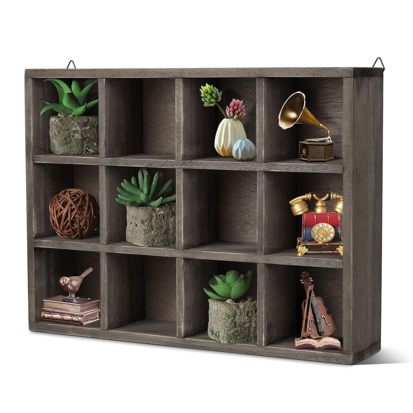 Flexzion Trinket Shelf Shadow Box with Shelves - 12-Compartment Rustic Wood Cubby Wall Shelf for Collectibles, Knick Knacks, Shot Glass Display, Wall Mounted or Freestanding with D-Ring Mounting Tabs