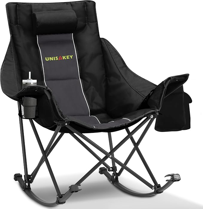 Oversized Rocking Camping Chair with Headrest & Cup Holder - 400lbs Capacity, 600D Oxford Fabric, Easy Fold Portable Outdoor Rocker Chair for Camping, Backyard, Beach, Deep Gray