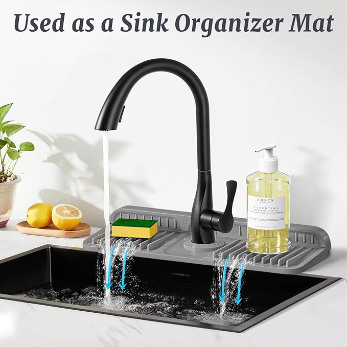 PoYang 14.6 inch Faucet Mat for Kitchen Sink Splash Guard, 7° Slope Silicone
